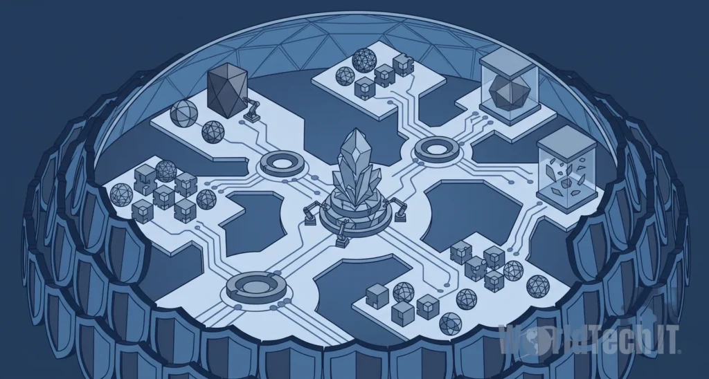 Isometric illustration of a geodesic dome interior with a glowing crystal at the center, surrounded by circuit pathways, robotic arms, geometric shapes, and a ring of shields forming the dome's base."