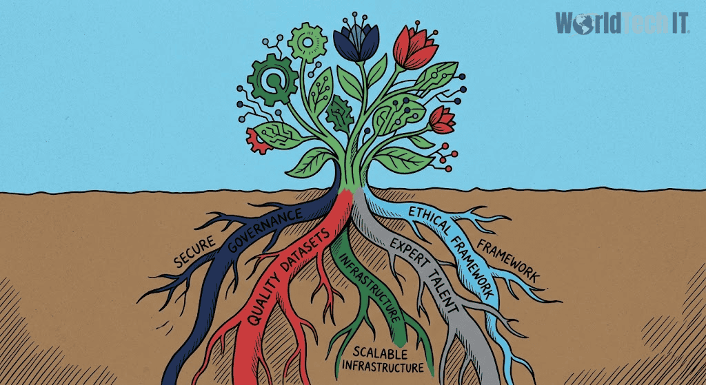 Strategic Business Foundations | WorldTech IT A hand-drawn diagram of a plant with labeled roots supporting a canopy of gears and circuit-like flowers.