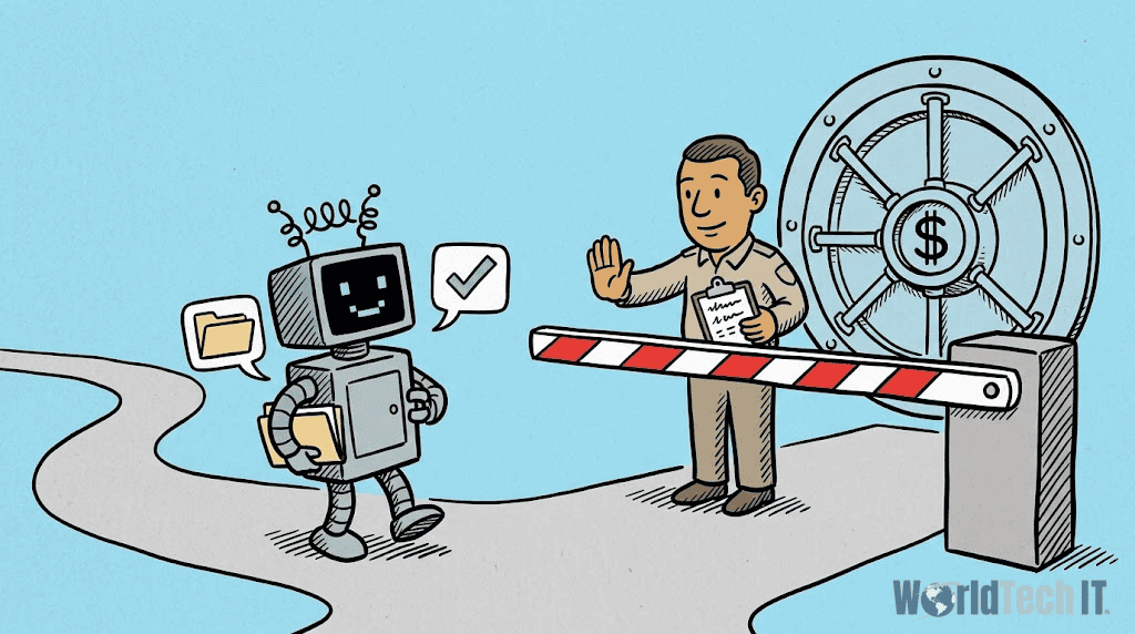 Robot Approaches Guard at Bank Vault Checkpoint | WorldTech IT A robot holding a folder and a checklist approaches a security guard standing in front of a bank vault with a raised hand.