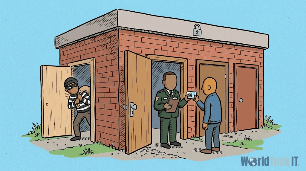 WorldTech IT data center security and intruder illustration Cartoon illustration of a WorldTech IT building with a padlock, showing a masked burglar with a sack sneaking out of a door on the left, while a security guard in a green uniform check an ID card at a door on the right.