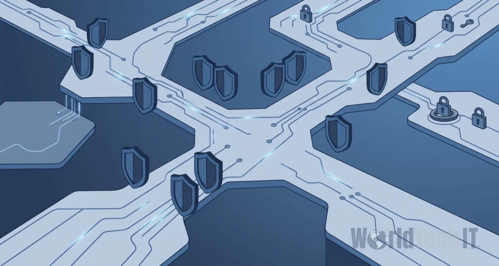 Isometric illustration of a digital security network with interconnected pathways, multiple shield icons, padlocks, and a key, representing layered cybersecurity protection.