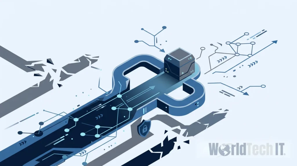 Isometric illustration of a padlock made of interlocking chain links with a server cube at its center, connected to network and security icons, symbolizing secure data protection.