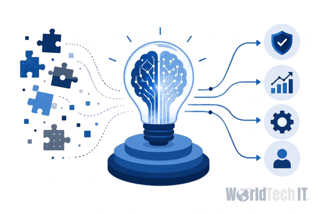 Illustration of a glowing lightbulb with a digital brain inside, surrounded by puzzle pieces and connected by lines to icons representing security, growth, automation, and user management.