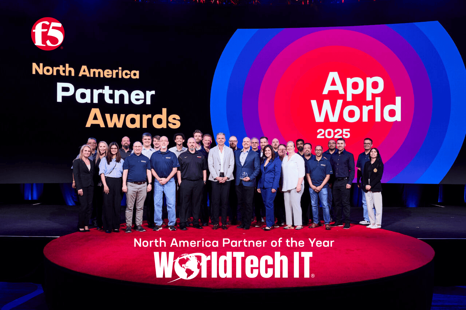 WorldTech IT team on stage accepting F5&rsquo;s North America Partner of the Year 2024 award at AppWorld 2025