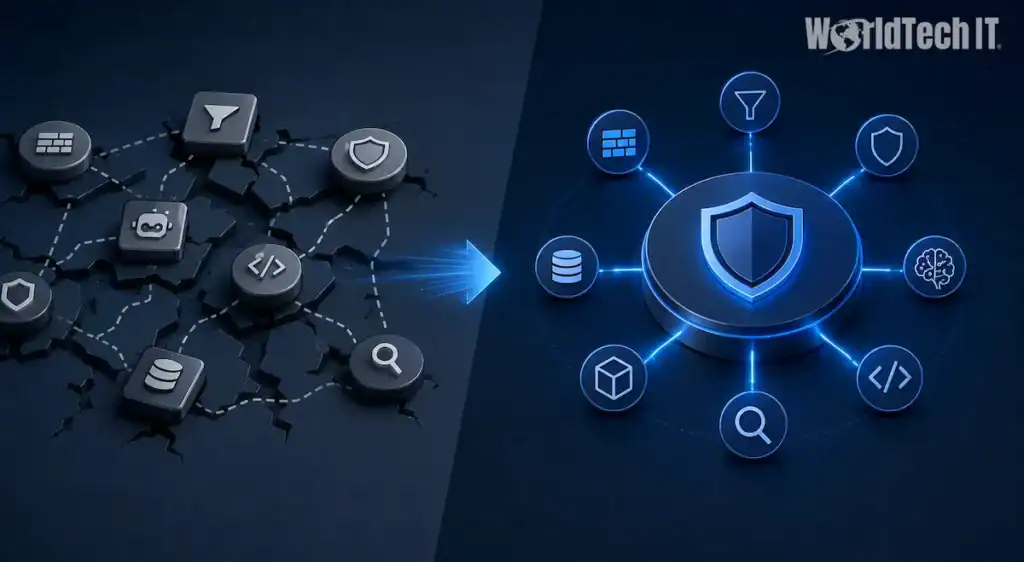 Diagram showing the shift from fragmented point security tools to a unified central control plane. Diagram showing the shift from fragmented point security tools to a unified central control plane.