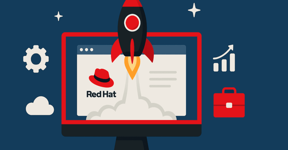 Illustration of a rocket launching from a computer screen showing the Red Hat logo