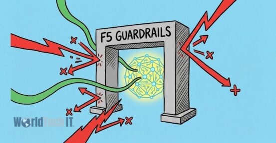 Cartoon of an F5 Guardrails gate blocking red attack bolts while safe traffic passes through