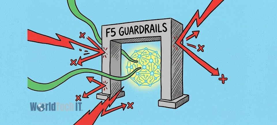 Cartoon of an F5 Guardrails gate blocking red attack bolts while safe traffic passes through