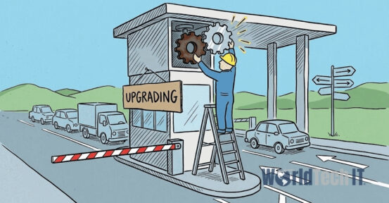 Cartoon of a toll-booth checkpoint marked Upgrading, with a worker on a ladder while cars wait at the gate