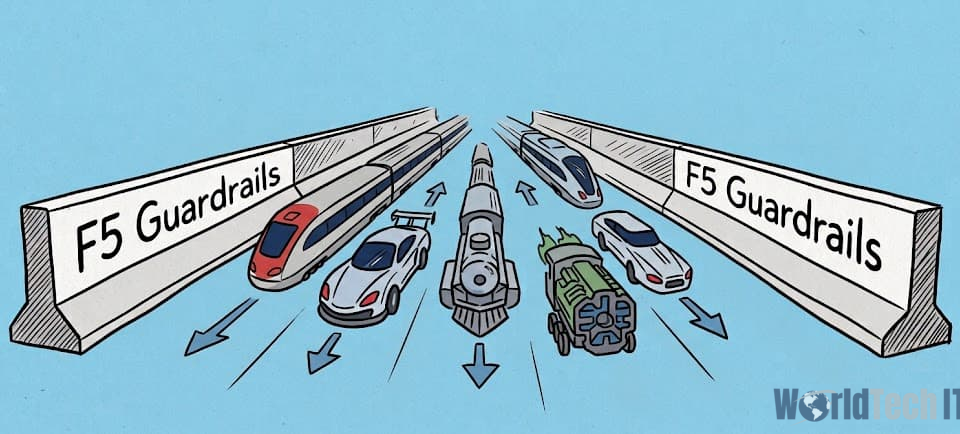 Cartoon of a multi-lane highway lined with F5 Guardrails signs keeping trains, cars and trucks in their lanes