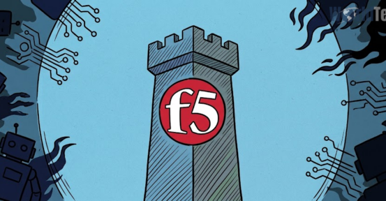 Cartoon of a stone tower bearing the F5 logo, surrounded by shadowy hands reaching toward it