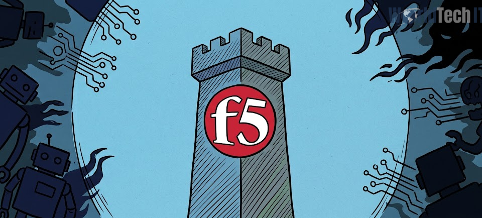 Cartoon of a stone tower bearing the F5 logo, surrounded by shadowy hands reaching toward it