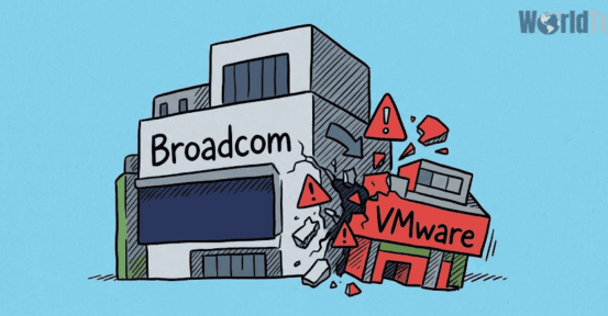Cartoon of a large Broadcom office building looming over a small VMware building