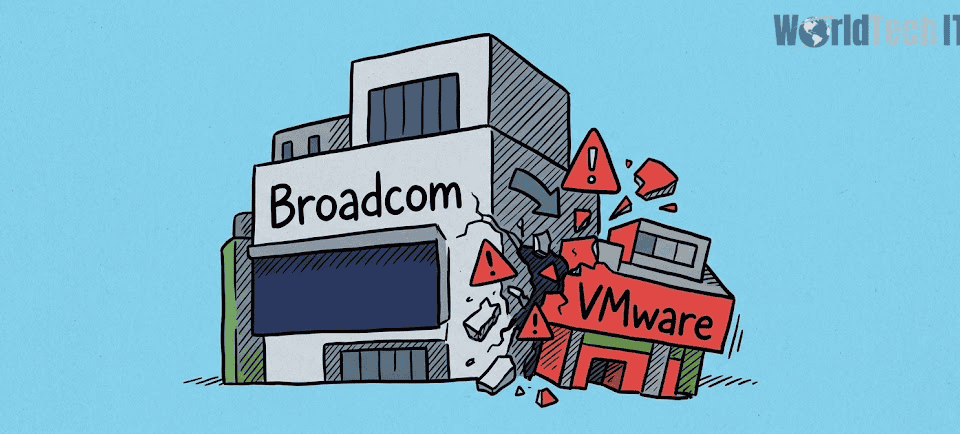 Cartoon of a large Broadcom office building looming over a small VMware building